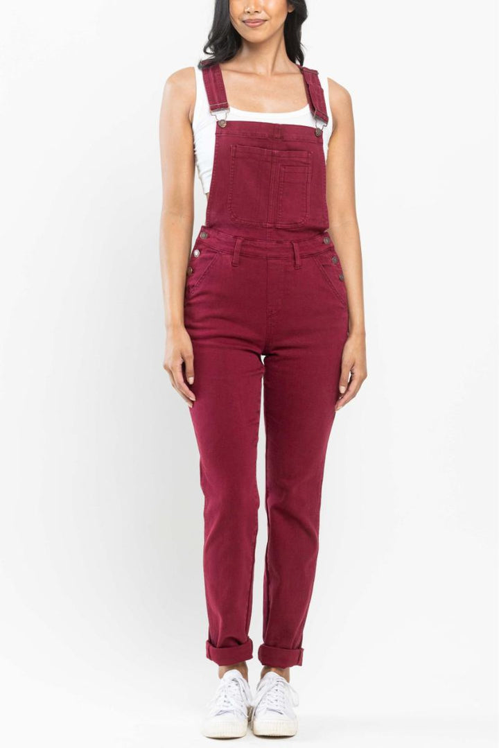 Judy Blue HIGH WAIST DOUBLE CUFF BOYFRIEND OVERALL - Maroon