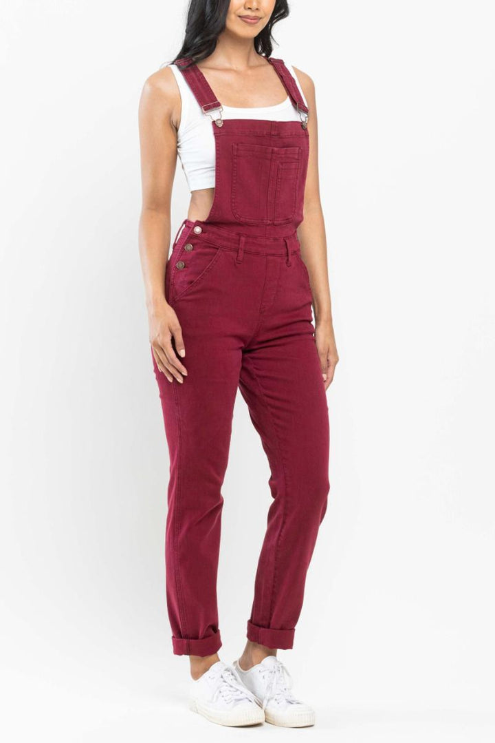 Judy Blue HIGH WAIST DOUBLE CUFF BOYFRIEND OVERALL - Maroon