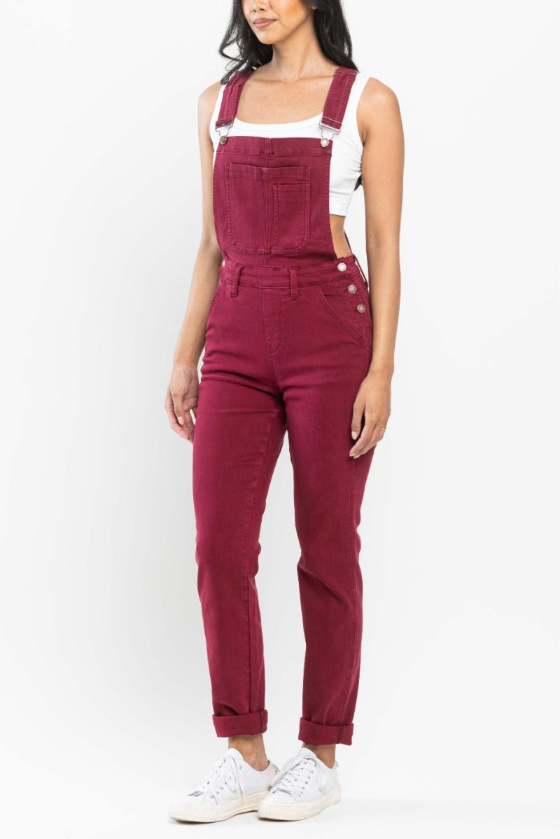 Judy Blue HIGH WAIST DOUBLE CUFF BOYFRIEND OVERALL - Maroon