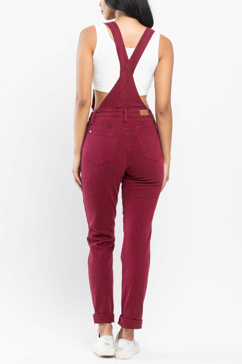 Judy Blue HIGH WAIST DOUBLE CUFF BOYFRIEND OVERALL - Maroon