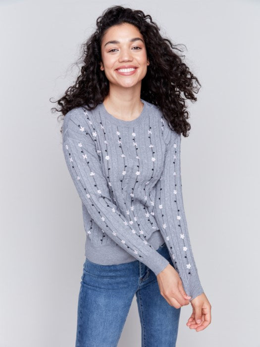 Flower Embroidered Plushy Crew-Neck Sweater