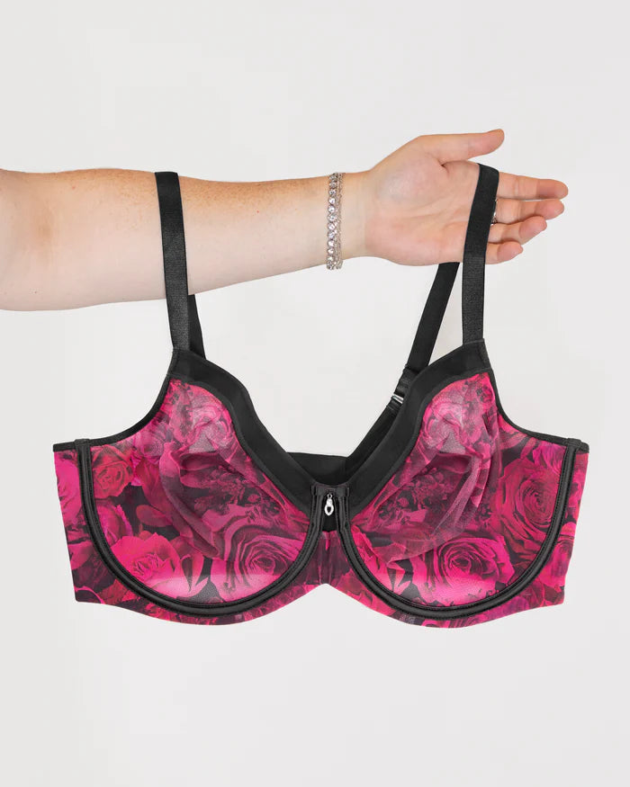 Sheer Mesh Full Coverage Unlined Underwire Bra - Dramatic Roses