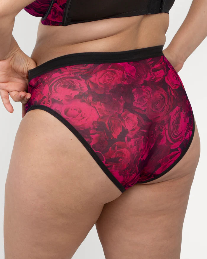 Sheer Mesh High Cut Brief - Dramatic Roses