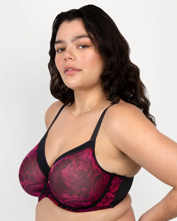 Sheer Mesh Full Coverage Unlined Underwire Bra - Dramatic Roses