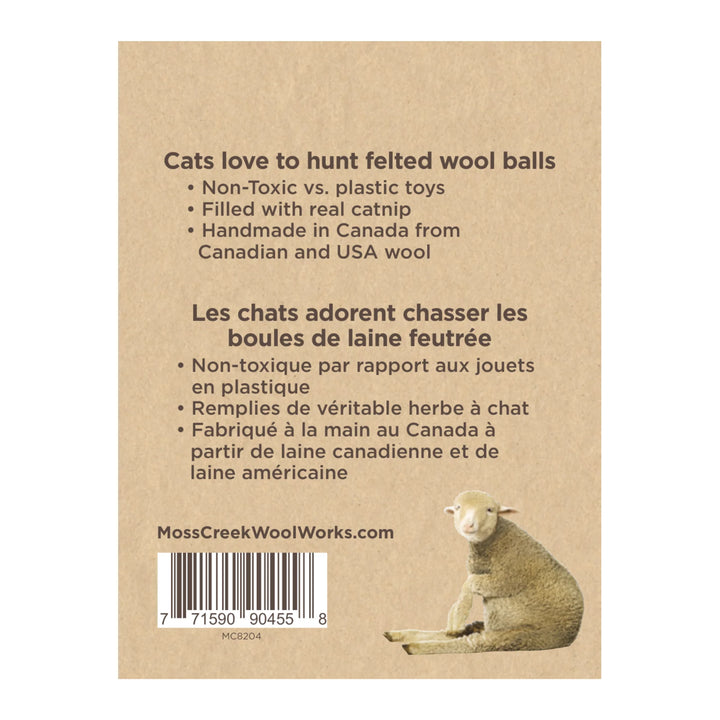 "Meow" Catnip Infused Wool Balls - Set of 2 in a cotton pouch