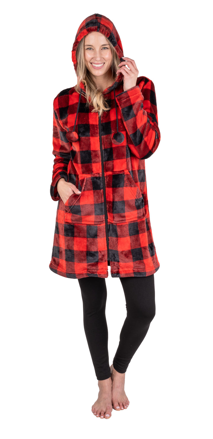 Buffalo Plaid Hooded Bed Jacket