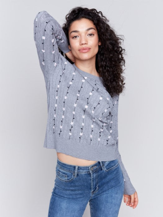 Flower Embroidered Plushy Crew-Neck Sweater