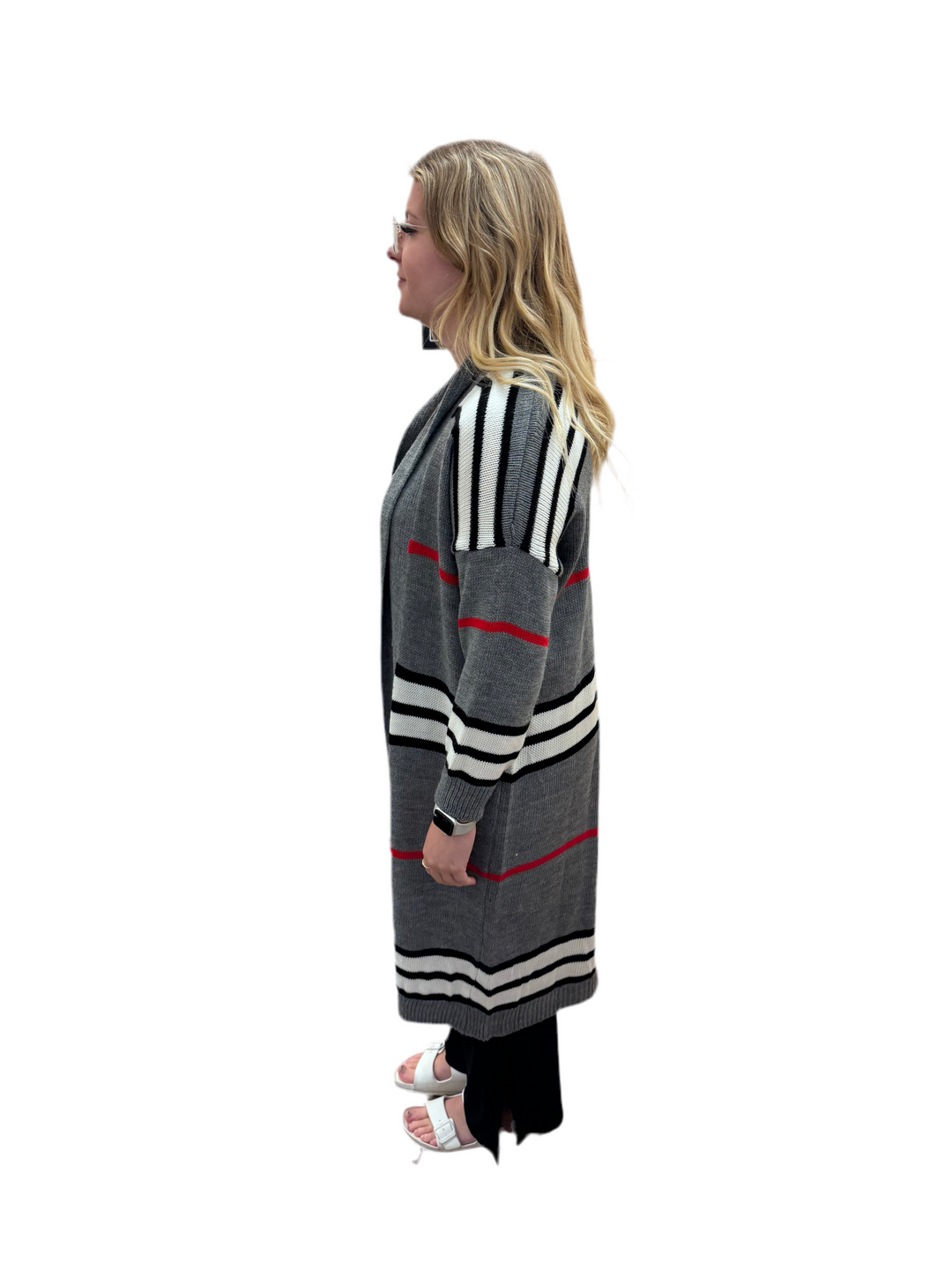 Grey Striped Long Cardigan