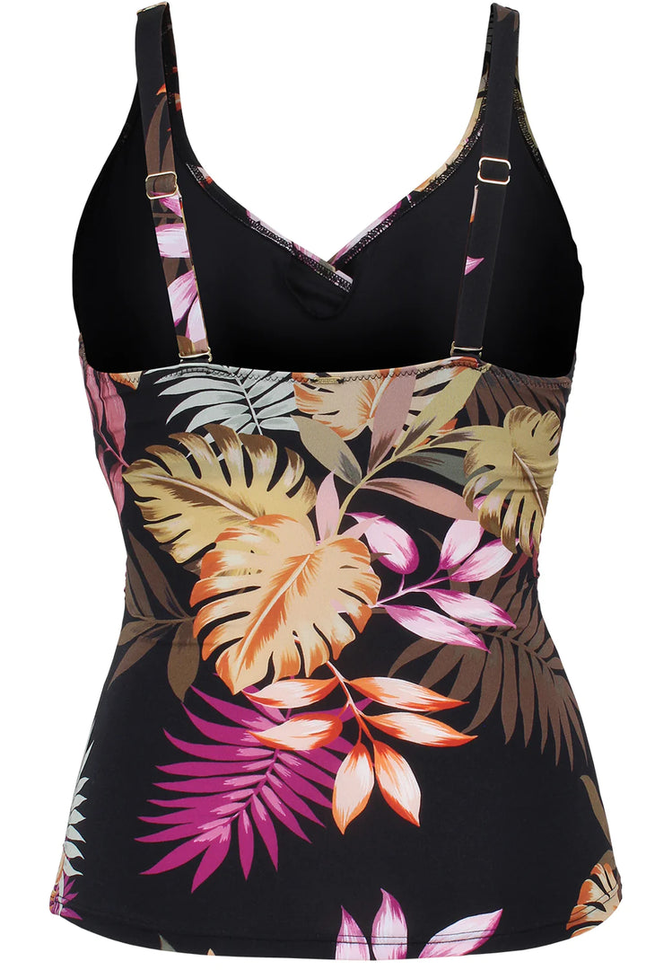 Black Tropic Illusion Wrap Tankini Top