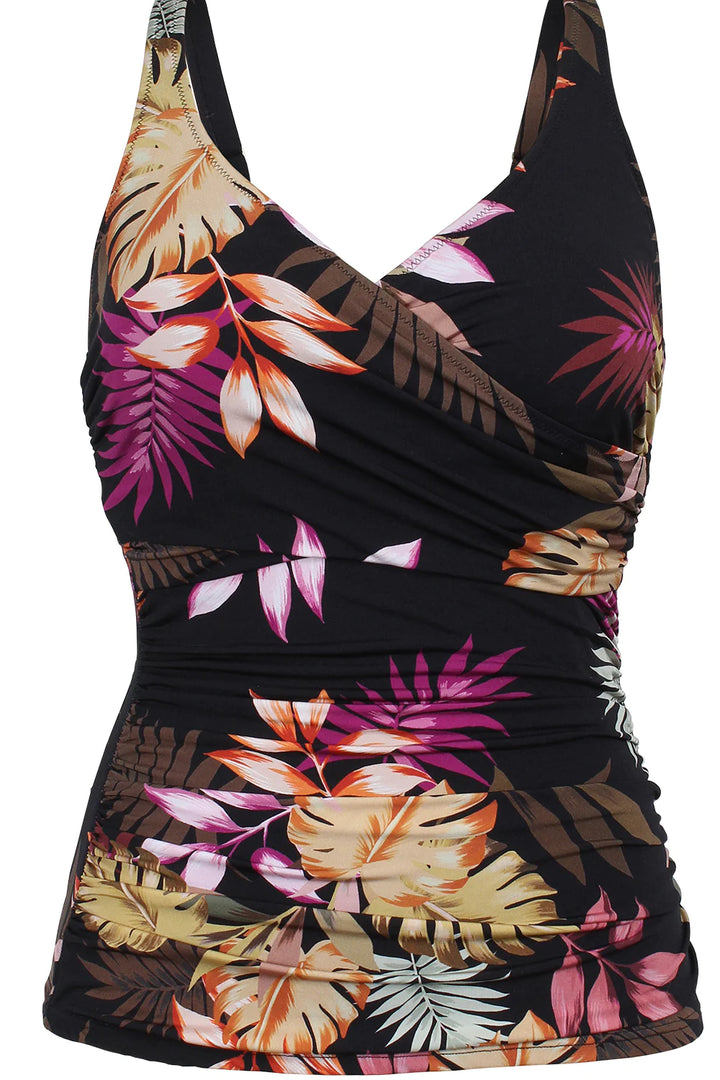 Black Tropic Illusion Wrap Tankini Top