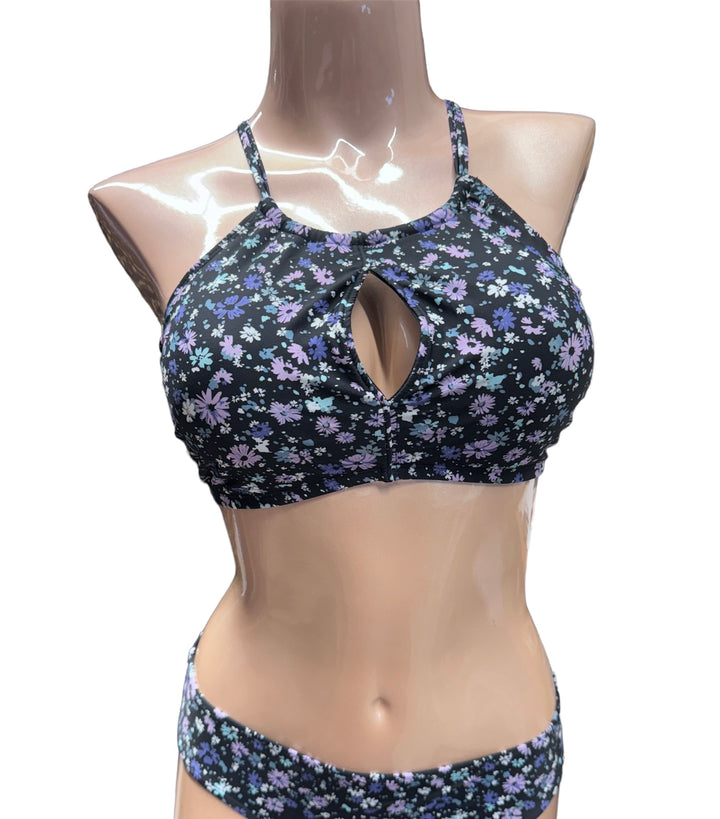 High-Neck Crop Bikini Top - Ditsy Purple - Size 10