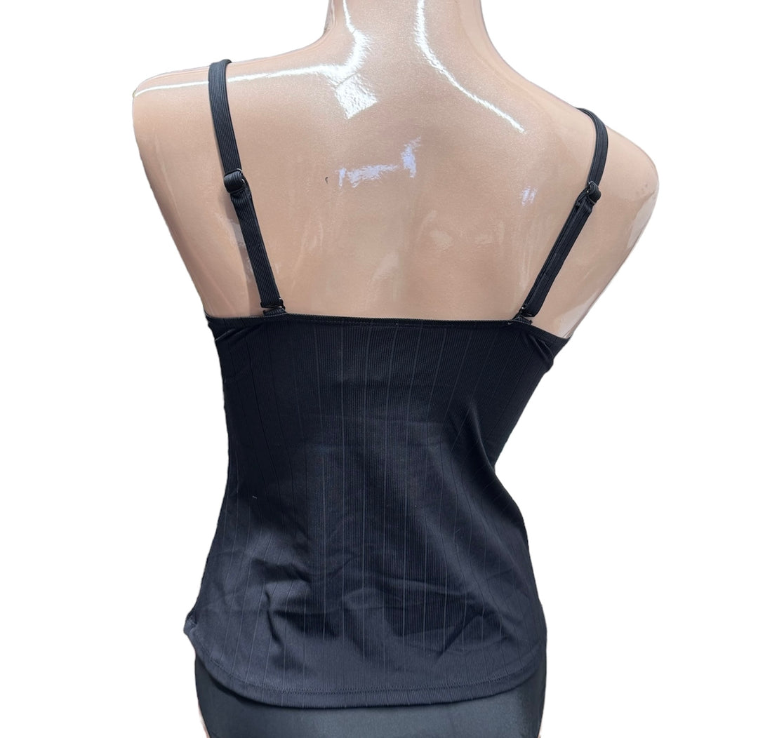 Ribbed Tankini Top w/ Mesh Insert - Black