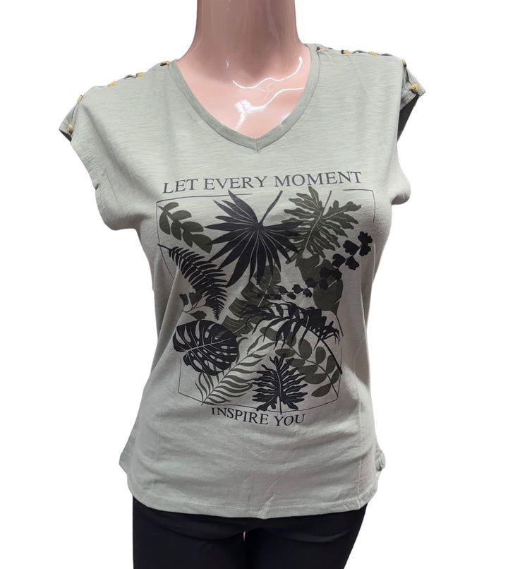 Desert Tropic V-Neck T-shirt with Button Details - Lily Pad