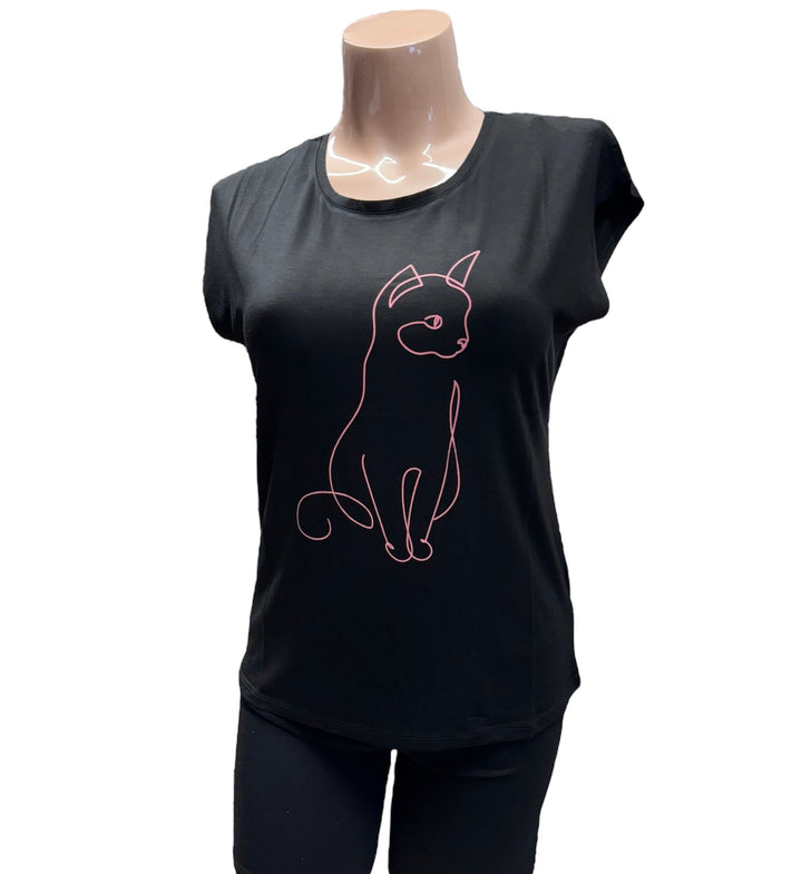 Printed Short Sleeve T-Shirt - Black Cat