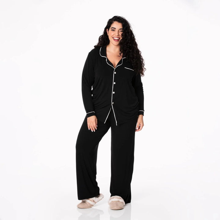 Printed Long Sleeve Collared Pajama Set - Midnight Natural