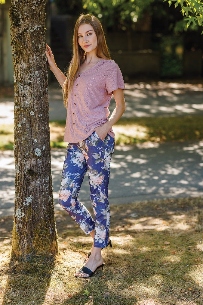 Floral Stretch Faux Jeans with Elastic Waistband