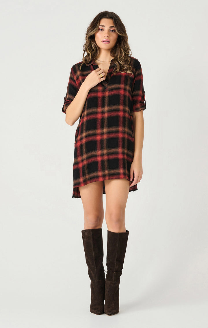 Long Sleeve Roll Tab Plaid Shirt Dress