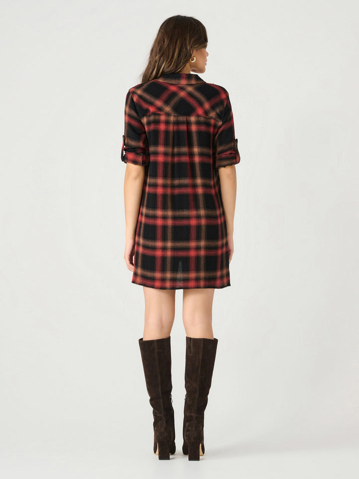 Long Sleeve Roll Tab Plaid Shirt Dress