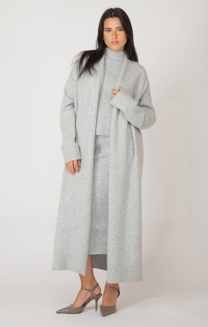 Long Sleeve Longline Open Cardigan - Light Grey Melange