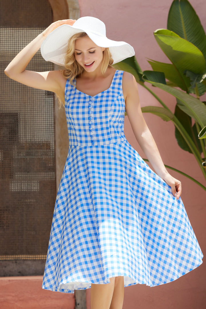 "Heidi" Blue White Gingham Fit & Flare Dress