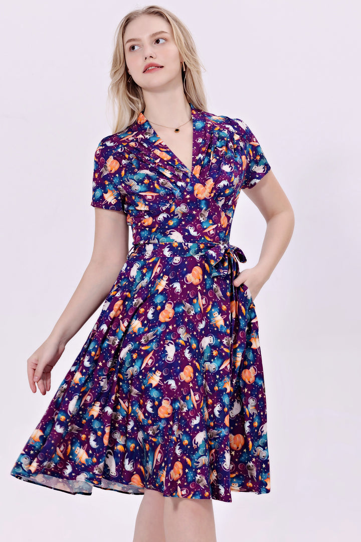 "Rose" Space Cats Soysilk Fit & Flare Dress with Pockets