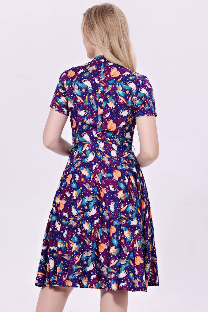 "Rose" Space Cats Soysilk Fit & Flare Dress with Pockets