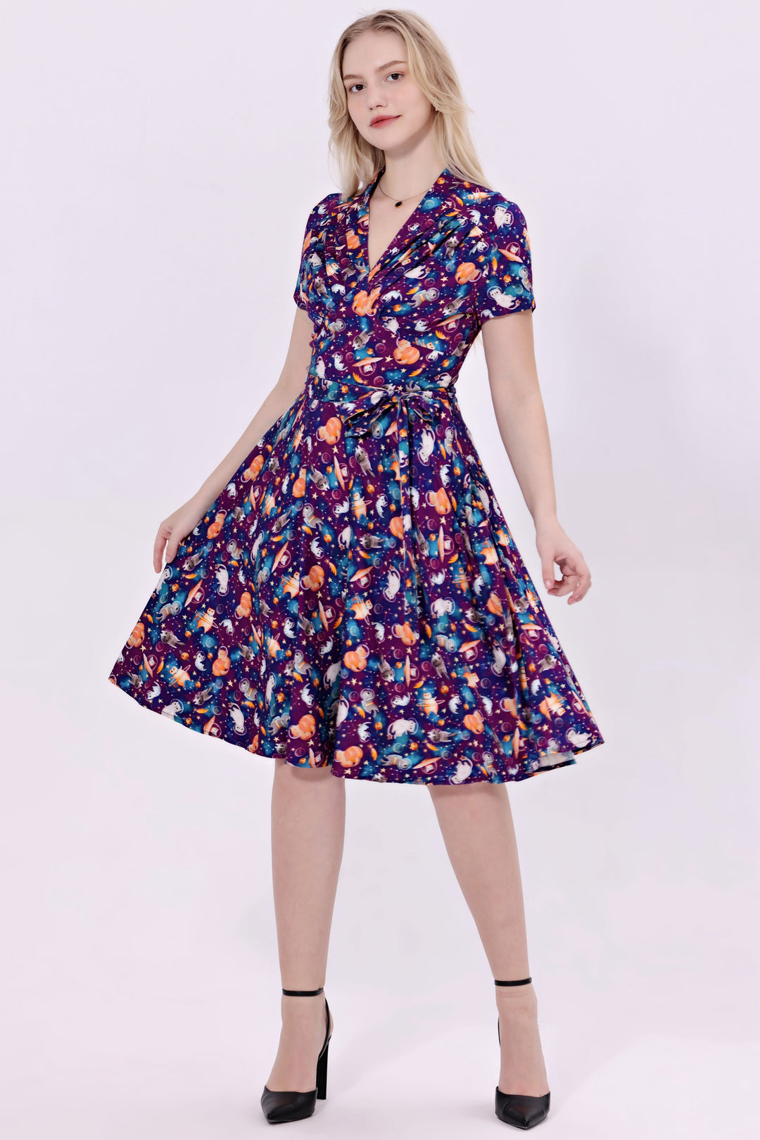 "Rose" Space Cats Soysilk Fit & Flare Dress with Pockets