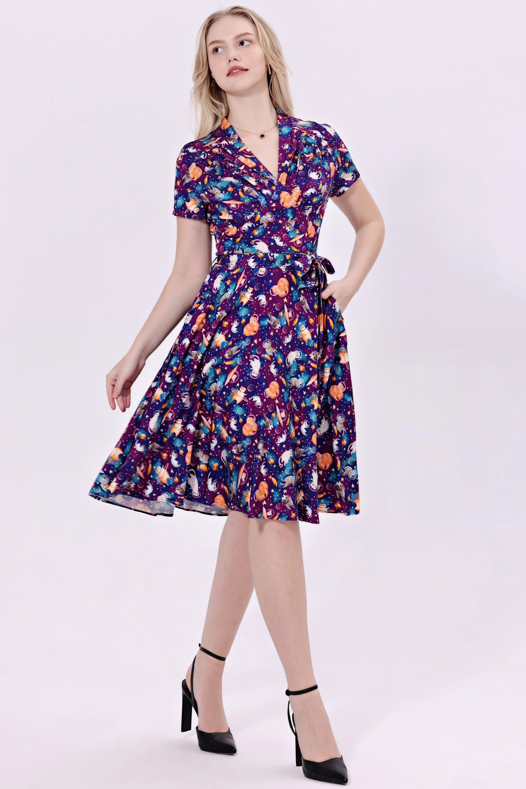 "Rose" Space Cats Soysilk Fit & Flare Dress with Pockets