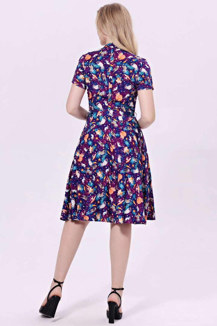 "Rose" Space Cats Soysilk Fit & Flare Dress with Pockets