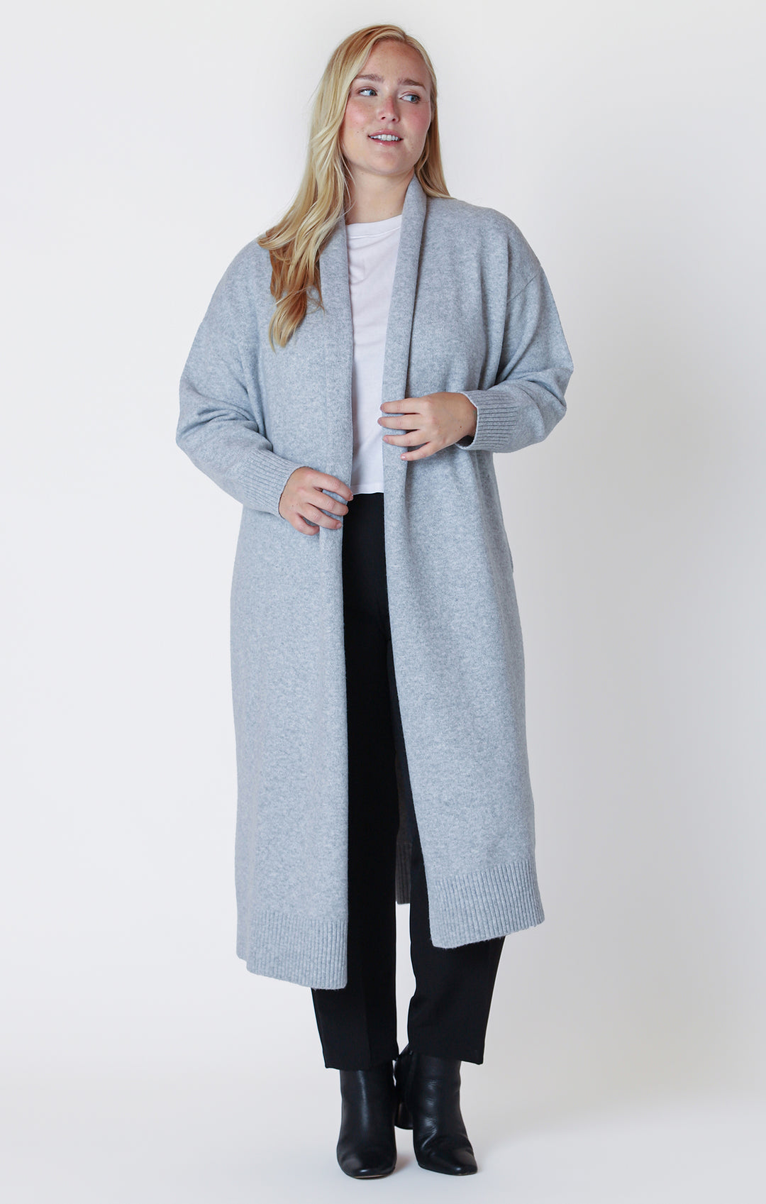 Long Sleeve Longline Open Cardigan - Light Grey Melange