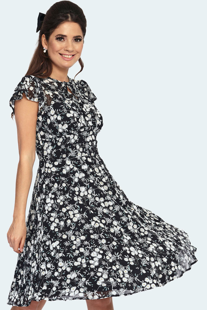 Floral Eyelet Chiffon Flutter Sleeve Flare Dress