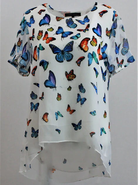 Woven Printed Chiffon High-Low Butterfly Top